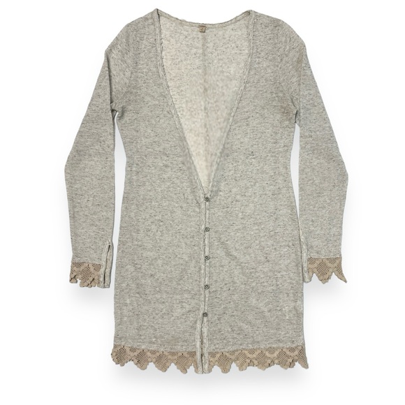 FREE PEOPLE Linen Blend Slub Knit Maxi Cardigan Crochet Lace Trim - Picture 8 of 9